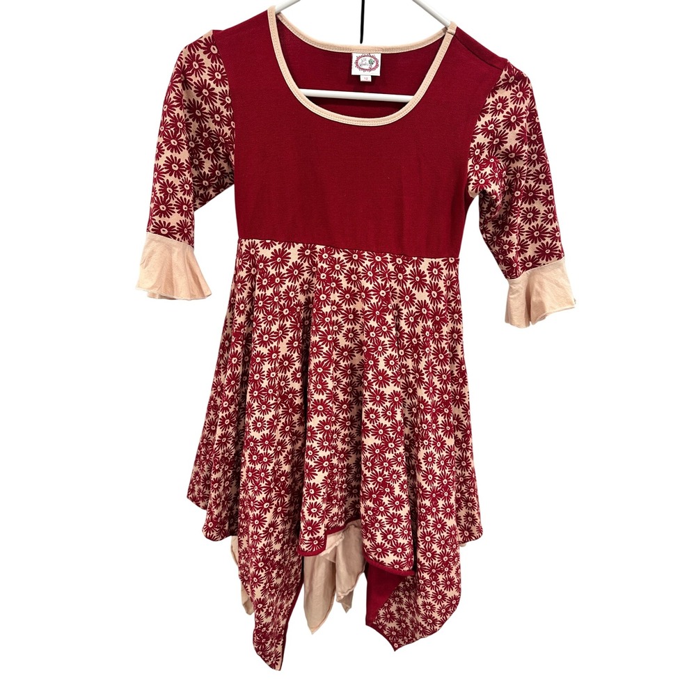 Lilli Lovebird Girls Burgundy Floral Print Flounce Hem Dress‎ Size 12